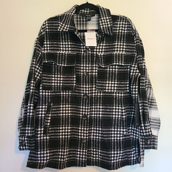 NEW Two Tone Black Plaid Drop Sleeve Shacket Forever 21 Size Small - Picture 1 of 7